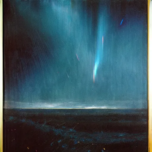 Image similar to the epic abstract painting'blue arctic void with black and red aurora borealis above a large herd of tiny reindeer ', by caspar david friedrich!!!, by rothko!!!, stunning masterpiece, trending on artstation