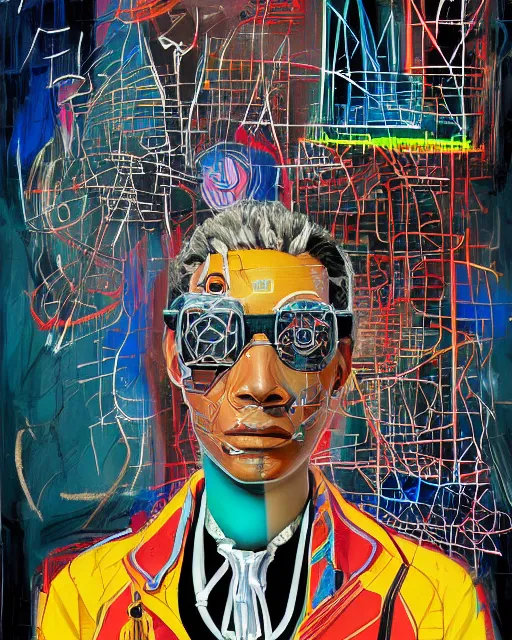 Prompt: a cyberpunk portrait of a soccrates by jean - michel basquiat, by hayao miyazaki by artgerm, highly detailed, sacred geometry, mathematics, snake, geometry, cyberpunk, vibrant, water