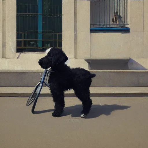 Prompt: young bernedoodle puppy on a bike in paris. art by greg rutkowski, gustave courbet, rosa bonheur, edward hopper. faithfully depicted, sharp focus, global illumination, radiant light, detailed and intricate environment, trending on artstation