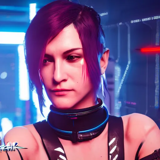 Image similar to female V from Cyberpunk 2077 wearing spiked choker, collar, choker, punk, collar, 4K, realistic, futuristic, neon,