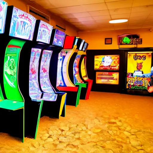 Prompt: an empty arcade with only one arcade game left, and a door to the left with an exit sign above it, the carpet is brown