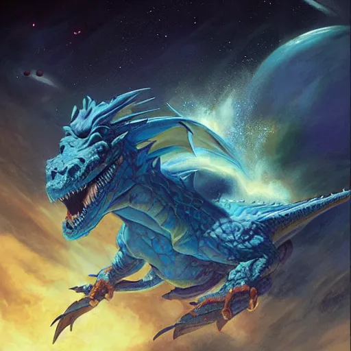 Prompt: Gigantic blue scaled dragon devouring an earth like planet while flying in space, dinosaur, sun system, nebula, oil painting, by Fernanda Suarez and Edgar Maxence and Greg Rutkowski