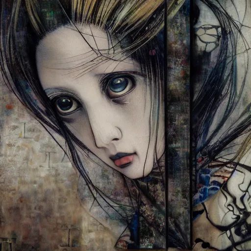 Image similar to yoshitaka amano blurred and dreamy realistic portrait of a woman with black eyes and white hair wearing dress suit with tie, junji ito abstract patterns in the background, satoshi kon anime, noisy film grain effect, highly detailed, renaissance oil painting, weird portrait angle, blurred lost edges, three quarter view