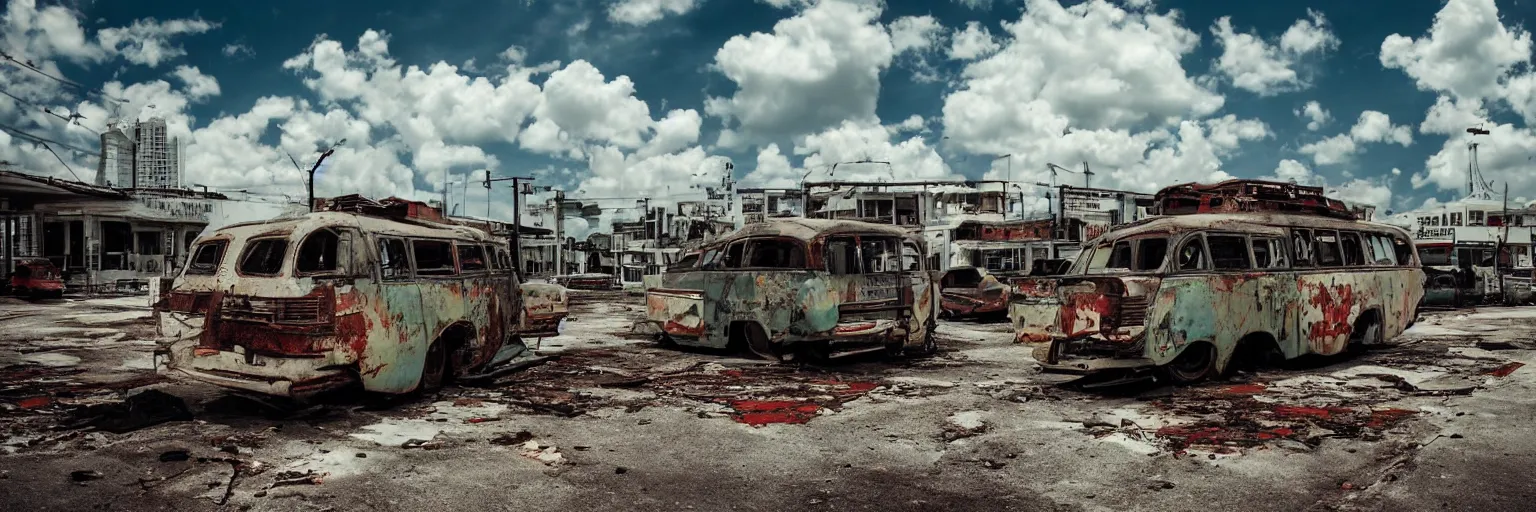 Image similar to low wide angle shot of dilapidated fallout 5 miami, tropical coastal cityscape, desolate, dilapidated neon signs, few rusted retro futuristic vintage parked vehicles like cars, buses, trucks, trams, sunny weather, few clouds, volumetric lighting, photorealistic, daytime, spring, sharp focus, ultra detailed, 4 0 0 0 k