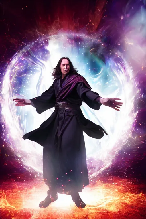 Prompt: Matthew Mercer is an all powerful sorcerer, realistic cinematic shot, swirling magic, subtle fog and mood lighting