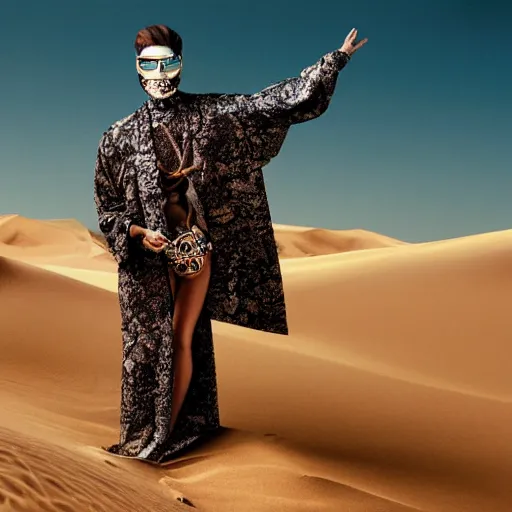 Prompt: A detailed ornate portrait of an editorial Versace model with vibrating chrome mask and black turtleneck robes and scarf posing in Sand Dunes, 4K editorial award winning photograph by David Lachapelle