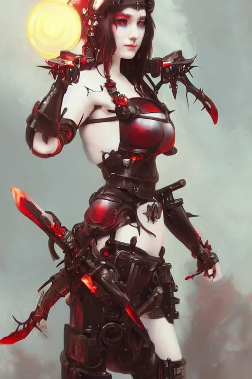 Prompt: Portrait of beautiful pale smiling anime cyborg gothic maiden in bikini armor with crown of thorns and glowing red eyes, steampunc, Warhammer 40000, digital art from artstation by Ruan Jia and Mandy Jurgens and Artgerm and william-adolphe bouguereau