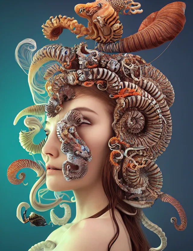 Image similar to 3 d goddess nautilus half - turn portrait with long hair with ram skull. beautiful intricately detailed japanese crow kitsune mask and clasical japanese kimono. betta fish, jellyfish phoenix, bio luminescent, plasma, ice, water, wind, creature, artwork by tooth wu and wlop and beeple and greg rutkowski