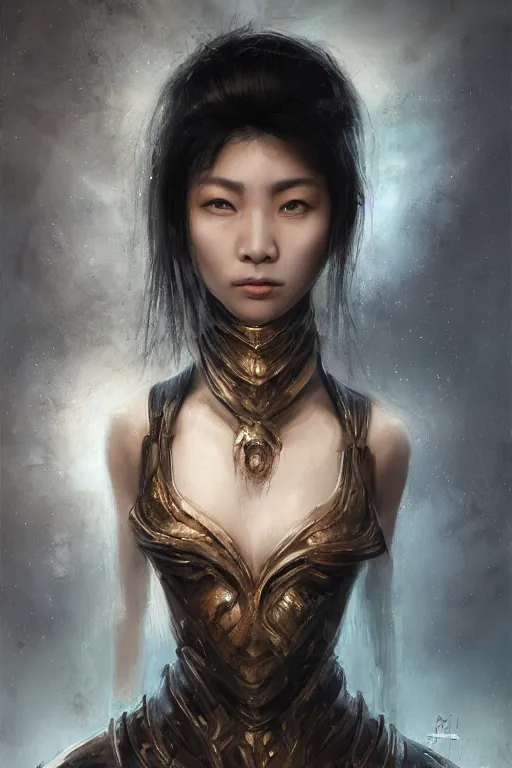 Prompt: Art station concept of Asian woman, fair skin, big eyes, long black hair, no bangs, wearing sculpted textured armor, closes her eye, battle damage, intricate complexity, close-up of the front of the face, resolute expression, back lighting, 4K resolution, symmetric, clear facial features, by Ruan Jia and Mandy Jurgens and William-Adolphe Bouguereau, Karol Bak, smooth, sharp focus, rich deep colors, Unreal Engine 5, digital render, intricate, ultra realistic, concept art