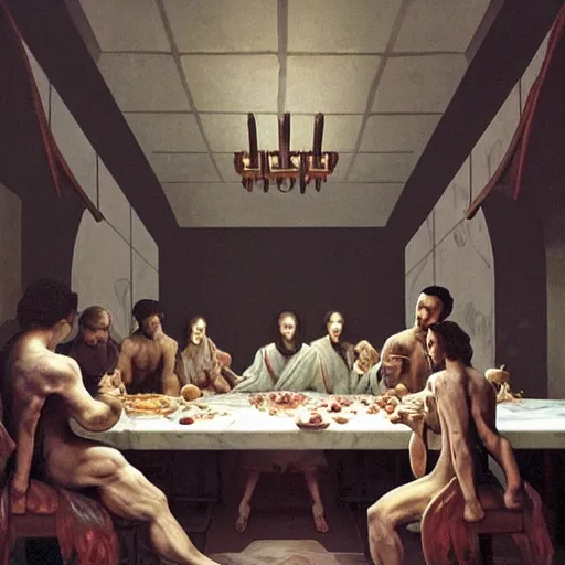 Image similar to !13 hungry cannibals making a rich salad around a marble table, !positioned as last supper cinematic lighting, dramatic framing, highly detalied, 4k, artstation, by Rene Lalique and Wayne Barlowe