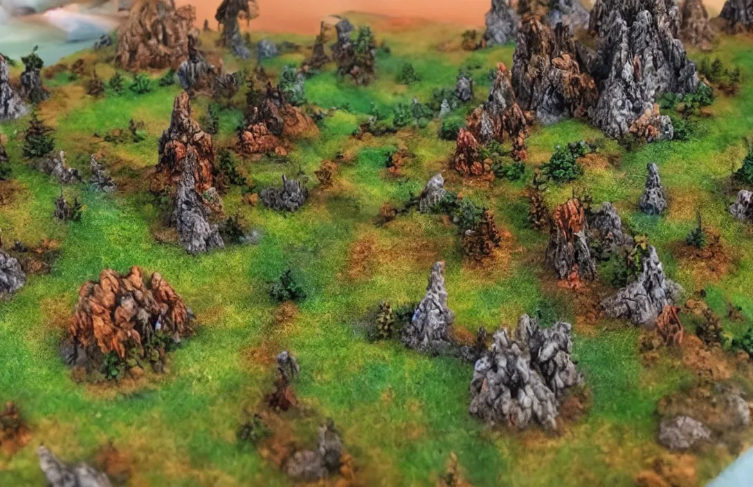 Prompt: fantasy terrain with unreal trees of different colours