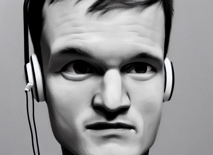 Image similar to vitalik buterin in headphones. vitalik buterin, medium shot, perfect symmetric face, coherent eyes, fine details., 4 k, hans zatska, oil paint