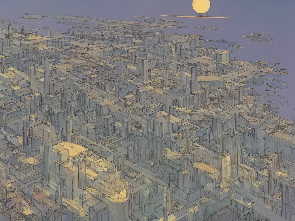 Image similar to community of people living in large airport with tall windows, looking at the horizon. moebius