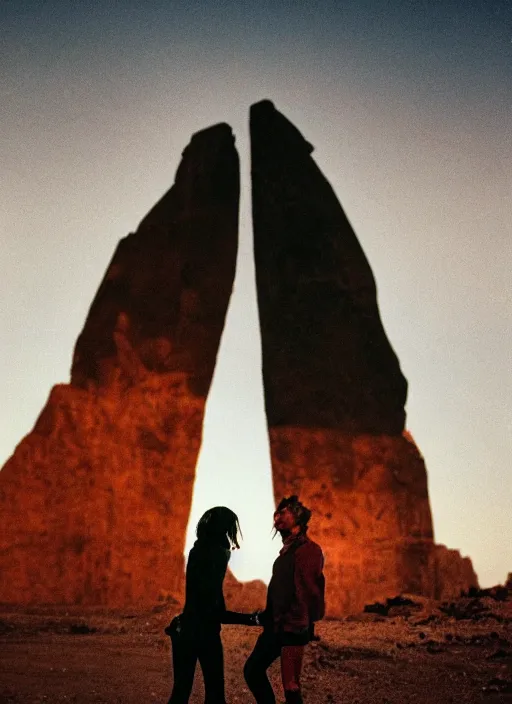 Prompt: cinestill 5 0 d photographic portrait of two loving female androids wearing rugged black techwear on a desolate plain with a red sky in front of a brutalist monolith, extreme closeup, cyberpunk style, dust storm, 8 k, hd, high resolution, 3 5 mm, f / 3 2, ultra realistic faces, ex machina, steve mccurry