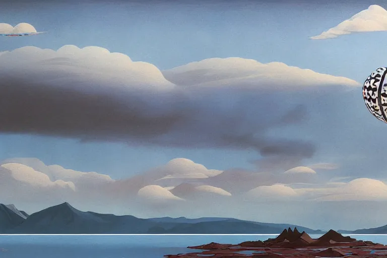 Prompt: a giant floating sphere covered in canadian aboriginal patterns!! hovering above a Yukon lake, (painted by Ralph McQuarrie), matte painting, concept art