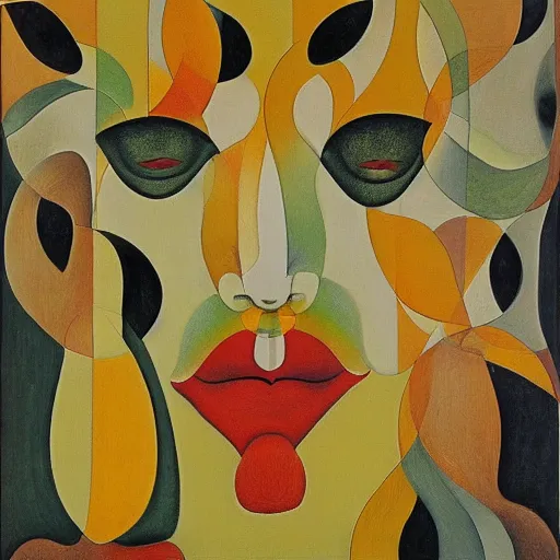 Prompt: floral face portrait by leonetto cappiello and wojciech siudmak and ernst fuchs, anni albers, oil on canvas