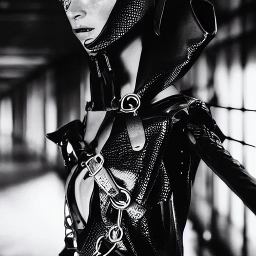 Prompt: fashion photography of an extraterrestrial model, holding a leather whip, wearing demobaza fashion, inside berghain, berlin fashion, harness, futuristic fashion, dark minimal outfit, photo 3 5 mm leica, hyperdetail, berghain, 8 k, very detailed, photo by nick knight