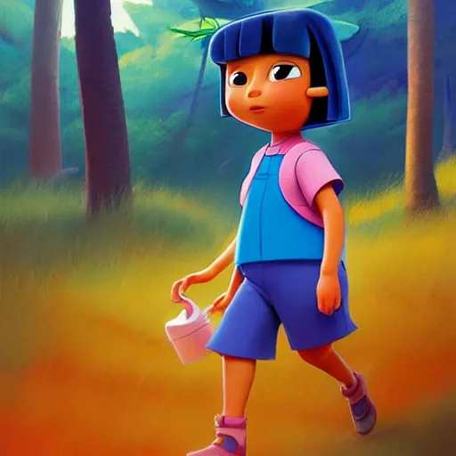 Image similar to goro fujita ilustration dora the explorer with blue clothes, walking through the forest, painting by goro fujita, sharp focus, highly detailed, artstation