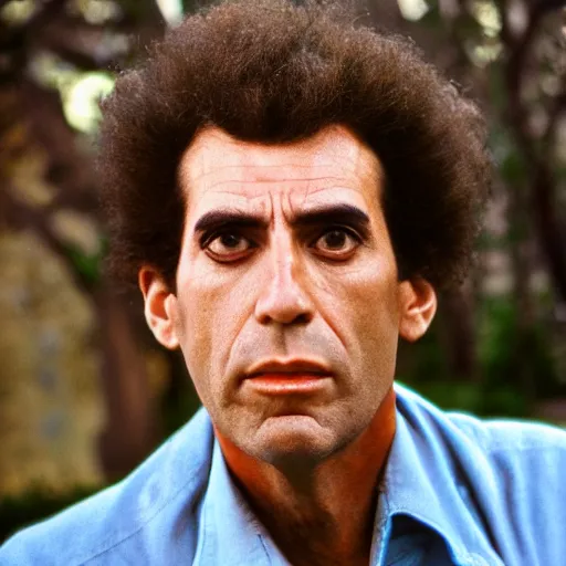 Prompt: portrait photograph, Cosmo Kramer, pensive, depth of field, bokeh