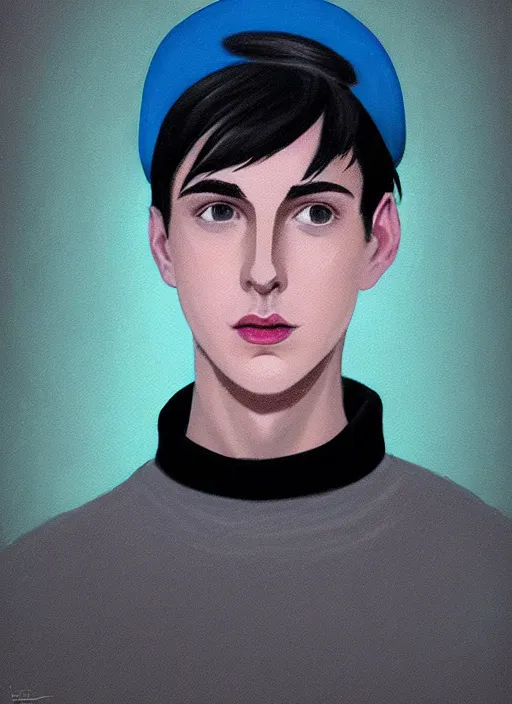 Image similar to portrait of teenage jughead jones wearing a light grey crown, crown, blue turtleneck, 1 9 5 0 s, closed eyes, photorealistic, black hair, glowing lighting, intricate, elegant, glowing lights, highly detailed, digital painting, artstation, concept art, smooth, sharp focus, illustration, art by wlop, mars ravelo and greg rutkowski