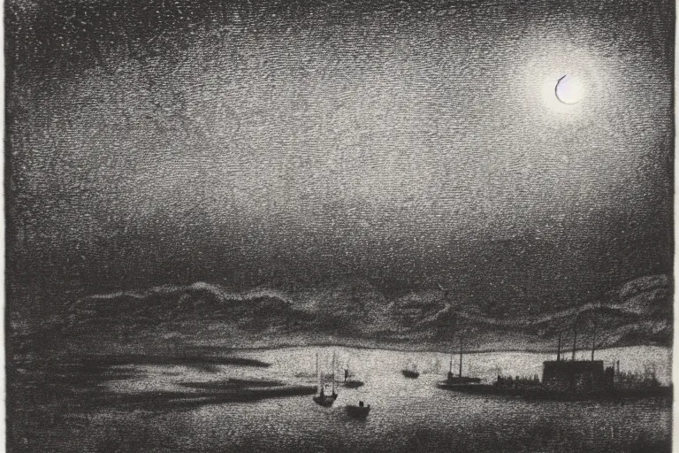 Prompt: foggy night sky, etching, black and white, high detail, engraving, printmaking — h 7 6 8