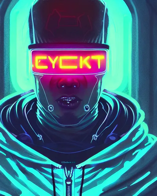 Image similar to cyberpunk synth, hyper - realistic portrait of a man in a hoodie with detailed neon mask, cyberpunk, by atey ghailan, by greg rutkowski, by greg tocchini, by james gilleard, by joe fenton, by kaethe butcher, dynamic lighting, gradient light blue, brown, cinematic lighting color scheme, sharp focus, grunge aesthetic