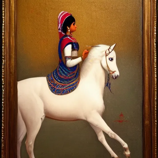 Image similar to a painting of a woman riding a white horse, an oil on canvas painting by raja ravi varma, featured on deviantart, qajar art, detailed painting, oil on canvas, acrylic art