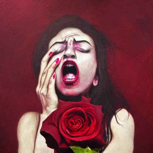 Prompt: extrem mad girl with extrem anger screams into the void to release her anger in her hamd she holds a rose, high detail painting in dark red colors by Mamoru Kanbe