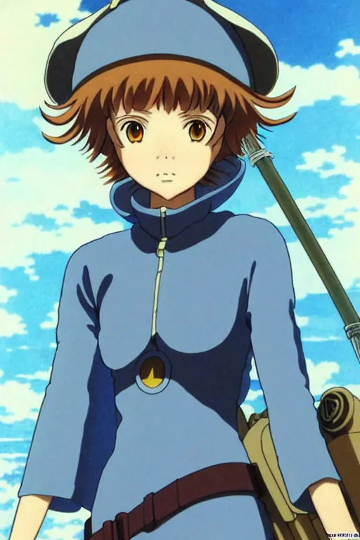 Image similar to anime art full body portrait character nausicaa by hayao miyazaki concept art, anime key visual of elegant young female, short brown hair and large eyes, finely detailed perfect face delicate features directed gaze, valley of the wind and mountains background, trending on pixiv fanbox, studio ghibli, extremely high quality artwork by kushart krenz cute sparkling eyes