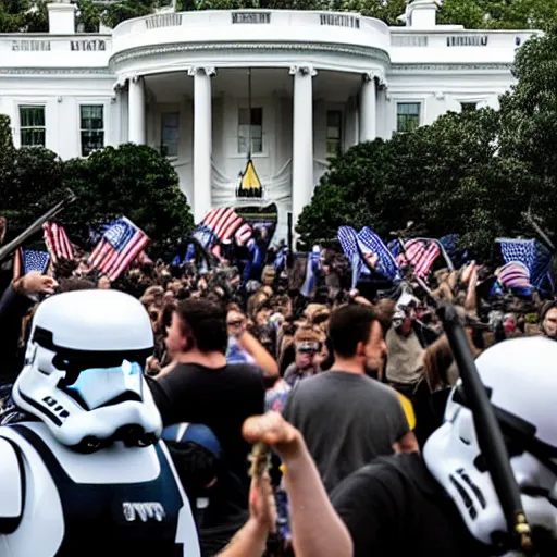 Image similar to a still candid image of hundreds of stormtropers rioting in front of a the white house in washington.!!!, flaming torches and pitchforks