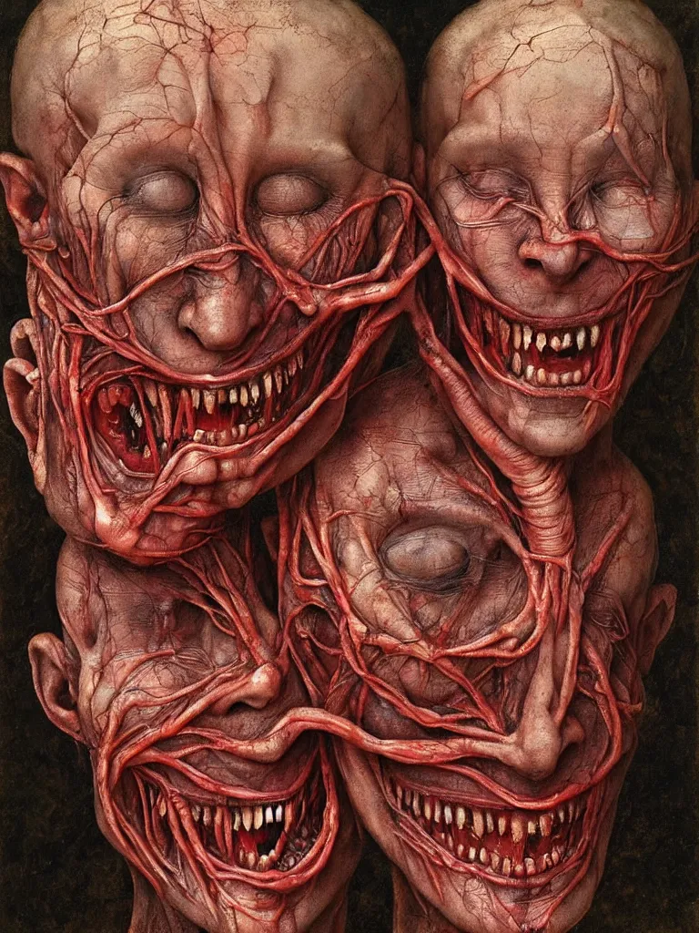 Image similar to siamese twins made of veins, looking into camera, laughing, by giuseppe arcimboldo and ambrosius benson, renaissance, intricate and intense oil paint, a touch of beksinski and hr giger and edward munch, realistic