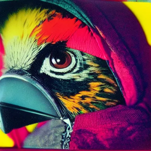 Image similar to close-up shot of a bird wearing hoodie in 80s, at the party, colourful Polaroid photo, by Warhol