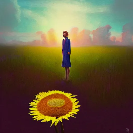 Image similar to giant daisy flower head, standing, a girl in a suit, surreal photography, sunrise, dramatic light, impressionist painting, digital painting, artstation, simon stalenhag