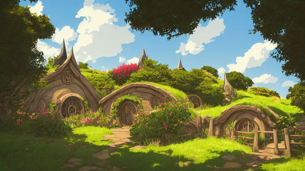 Image similar to hobbiton, clean cel shaded vector art. shutterstock. behance hd by lois van baarle, artgerm, helen huang, by makoto shinkai and ilya kuvshinov, rossdraws, illustration, fantasy, lordoftherings