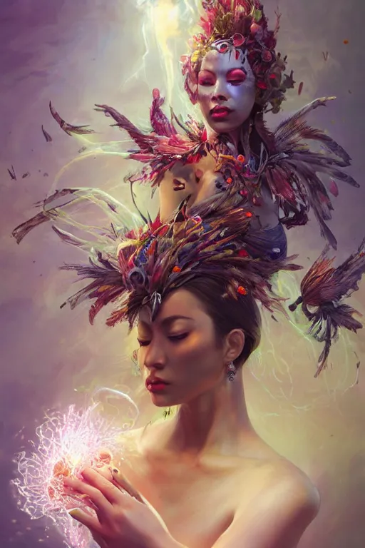 Image similar to beautiful girl witch - doctor exploding into flowers electricity crystal dress, angels, 3 d render, hyper - realistic detailed portrait, holding electricity and birds, ruan jia, wlop. scifi, fantasy, magic the gathering, hyper detailed, octane render, concept art by artgerm, peter mohrbacher