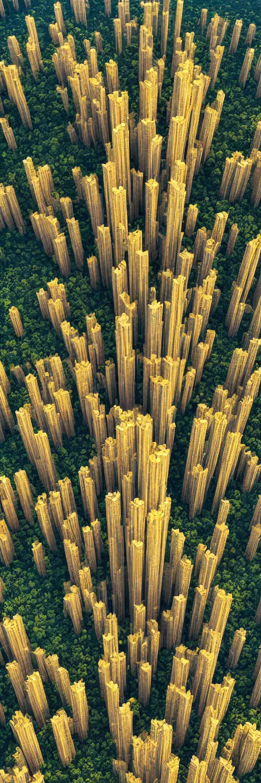 Image similar to photo of vertical golden village in the form of a tower, arid mountains and lush palm forest, photo realism, sharp focus, octane