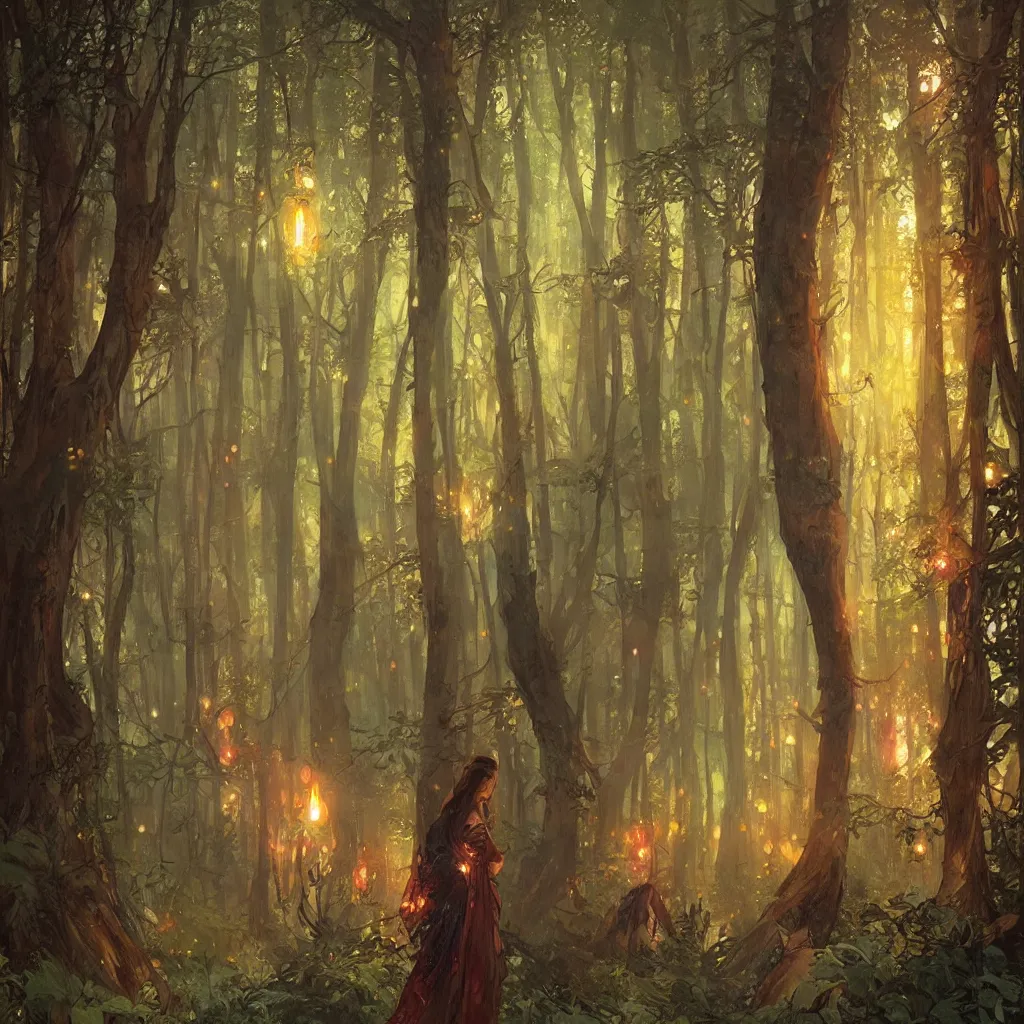 Image similar to forest, overdetailed art, by greg rutkowski, by alfons mucha, complementing colors, magic, colorful lights, fireflies, detailed illustration, wizard