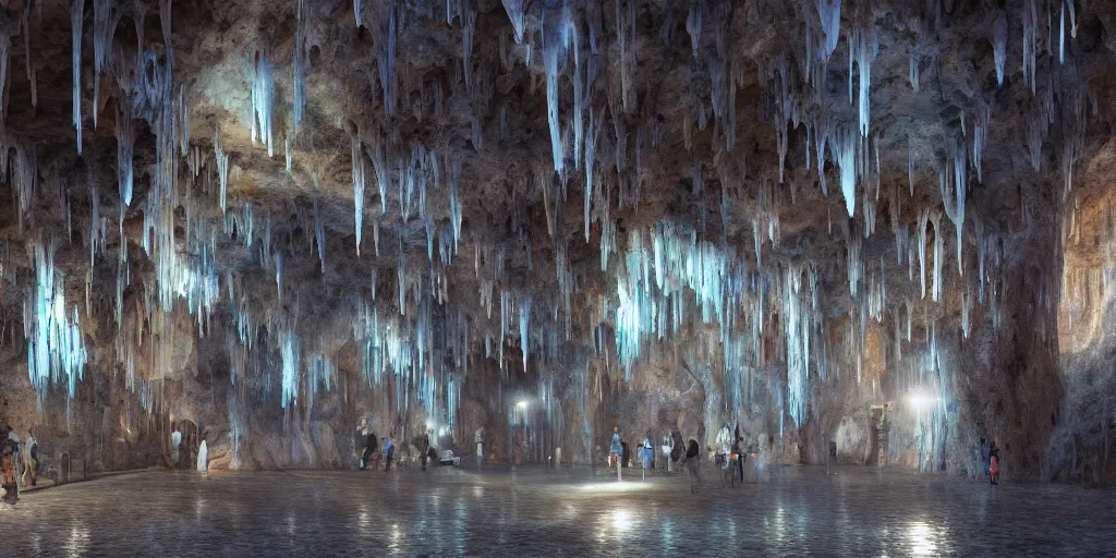 Prompt: an underground fantasy city built between a few giant stalactites, high quality digital art, 8 k