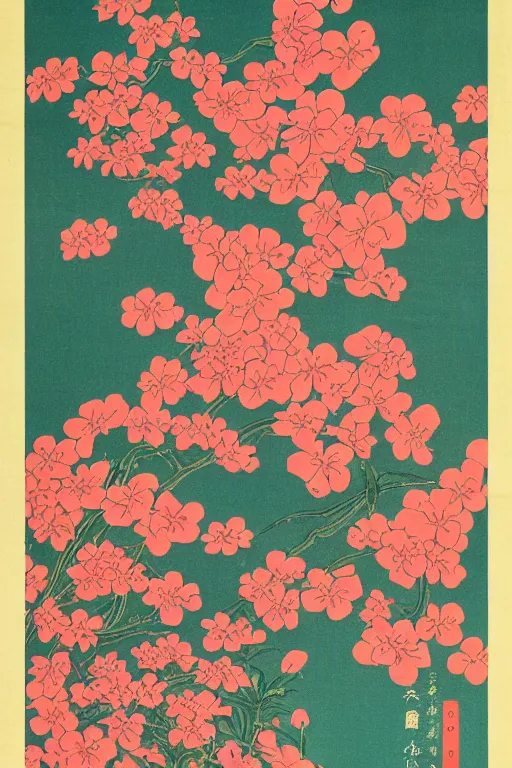 Image similar to Beautiful vintage Japanese poster representing the mind as flowers, 10% surreal, risograph poster, beautiful colors, deep meaning, Intricate image, moving