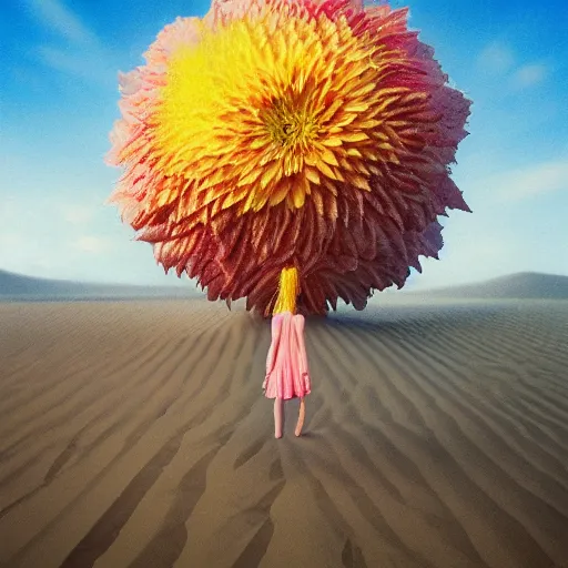 Image similar to closeup giant dahlia flower fusing head, girl walking between dunes, surreal photography, sunrise, blue sky, dramatic light, impressionist painting, digital painting, artstation, simon stalenhag