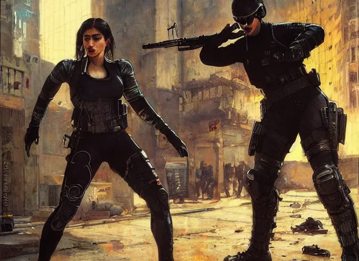 Image similar to sophia evades sgt griggs. Cyberpunk hitwoman escaping Cyberpunk policeman in combat gear. (police state, Cyberpunk 2077, blade runner 2049). Cyberpunk Iranian orientalist portrait by john william waterhouse and Edwin Longsden Long and Theodore Ralli and Nasreddine Dinet, oil on canvas. Cinematic, Dramatic lighting.