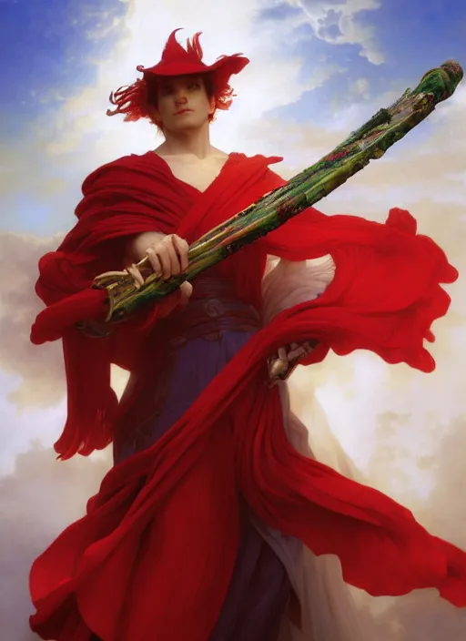 Image similar to Full View of a boisterous Red Mage wearing striped shining armor and a feathered hat holding a staff of power surrounded by an epic cloudscape. Magus. Red Wizard. Morpheus. masterpiece. 4k digital illustration. by Ruan Jia and Artgerm and Andreas Rocha and William-Adolphe Bouguereau and Edmund Blair Leighton. award winning, Artstation, intricate details, realistic, Hyperdetailed, 8k resolution. Concept Painting. Key Art