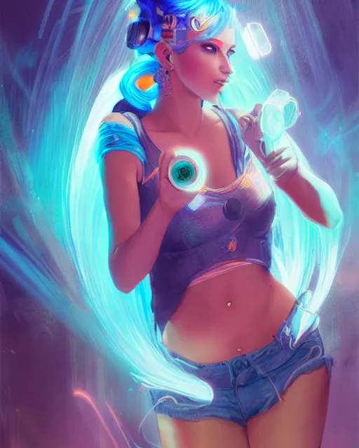 Image similar to pretty girl with blue hair, dj girl, in a club, laser lights background, sharp focus, digital painting, 8 k, concept art, art by wlop, artgerm, greg rutkowski and alphonse mucha