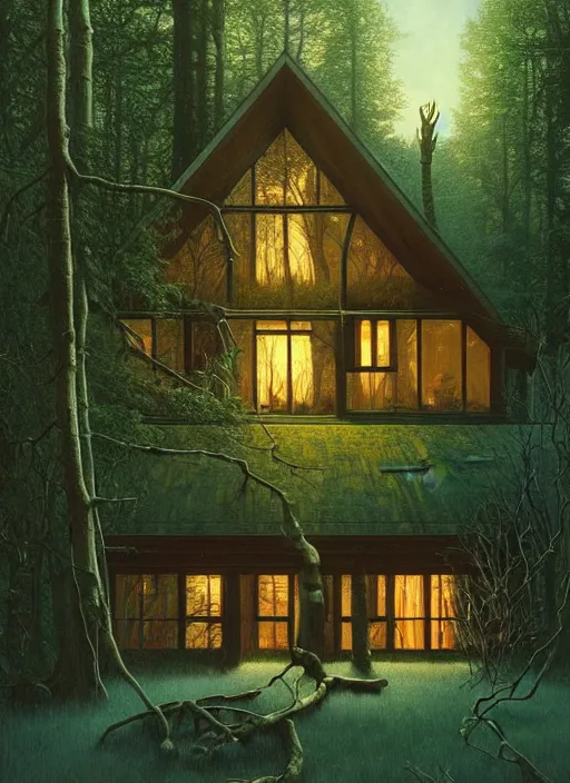 Image similar to hyper realistic witchy modern house with mood lighting and technology in the woods gorgeous lighting, blue sky, highly detailed, lush forest foliage painting by zdzisław beksinski and norman rockwell and greg rutkowski weta studio, and lucasfilm