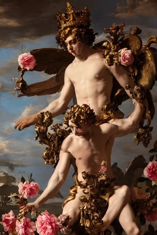 Image similar to a young handsome Spanish prince in a full-body bronze baroque statue of Icarus posed like a bird, crown of peach roses, flowing pink-colored silk, fabric, flowers. baroque elements, human skull. full-length view. baroque element. intricate artwork by caravaggio. many many birds birds on background. Trending on artstation, octane render, cinematic lighting from the right, hyper realism, octane render, 8k, depth of field, 3D