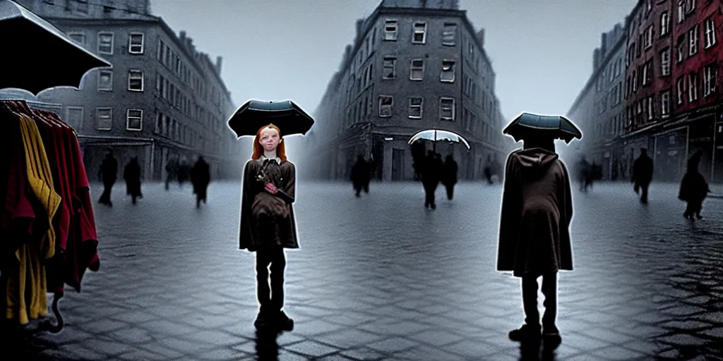 Image similar to medium shot | sadie sink in hoodie | lonely market stall selling umbrellas | in ruined square, pedestrians on both sides | steampunk tenement windows in background : 3 5 mm film, anamorphic, from schindler's list by steven spielberg. cyberpunk, cinematic atmosphere, detailed and intricate, perfect anatomy