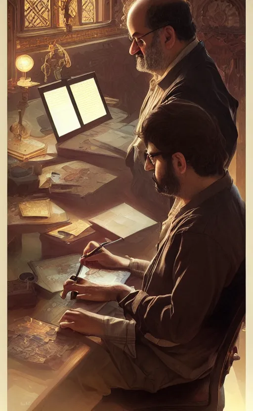 Image similar to portrait of salman rushdie writing, deep focus, d & d, fantasy, intricate, elegant, highly detailed, digital painting, artstation, concept art, matte, sharp focus, illustration, art by artgerm and greg rutkowski and alphonse mucha