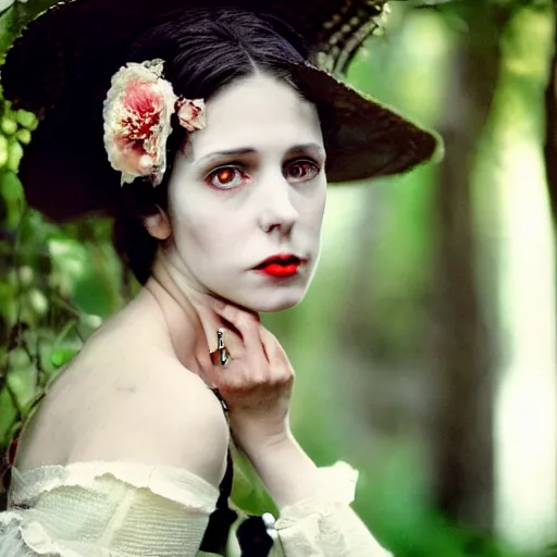 Image similar to A beautiful portrait of a lady vampire, victorian, photography, 35mm, depth of field, bokeh, soft light, cinematic, steve mccurry