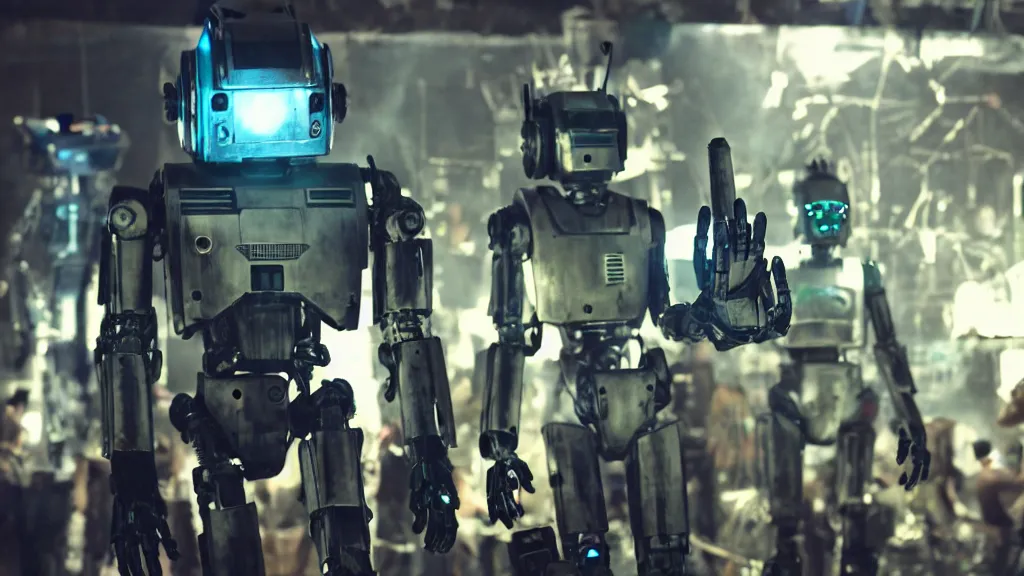 Image similar to film still from the movie chappie of the robot chappie shiny metal indoor dance party rave scene bokeh depth of field several figures furry anthro anthropomorphic stylized cat ears head android service droid robot machine fursona