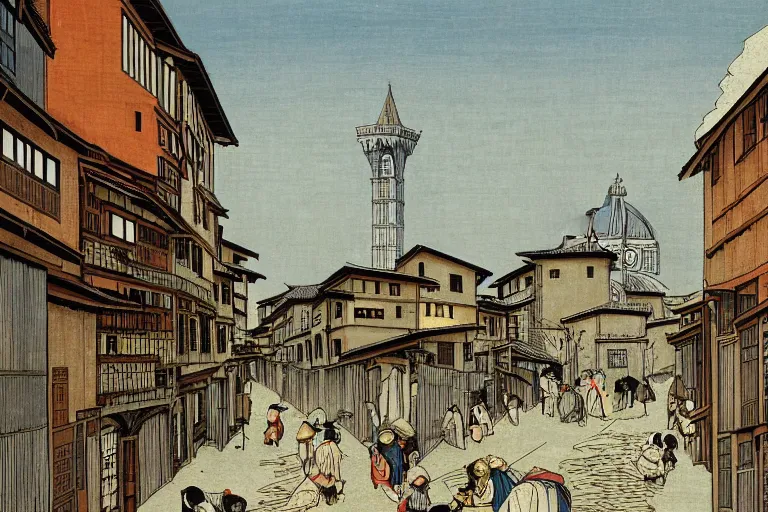 Prompt: florence old street in 1 6 th century with a tower in background by hiroshige utakawa, trending on artstation